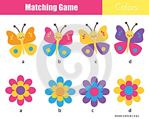 Matching children educational game. Match by color. Make pairs of butterfly and flowers. Activity for kids and toddlers