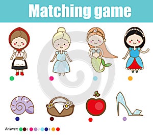 Matching children educational game. Match fairy tales princess with objects