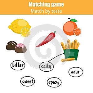 Matching children educational game, match food by taste