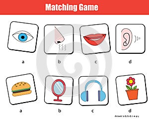 Matching children educational game. Match objects and human senses. Activity for kids and toddlers.