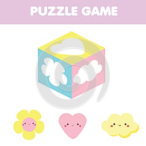 Matching children educational game. Match pictures and silhouettes on cube toy. Puzzle Activity for kids and toddlers