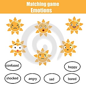 Matching children educational game, match sun and mood. Learning emotions and vocabulary theme