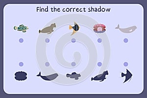 Matching children educational game with sea animals - mandarin fish, sea elephant, scalar, shall with pearl, beluga.