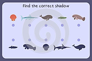 Matching children educational game with sea animals - shall, swordfish, dugon, manatees, catfish.