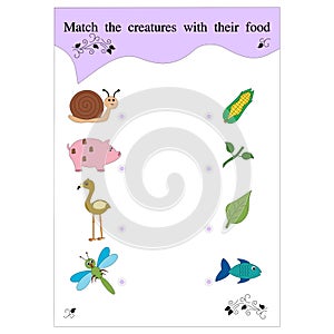 Matching the creatures with their food. Educational game for kids