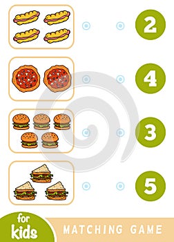 Matching education game. Count how many items and choose the correct number. Fast food set