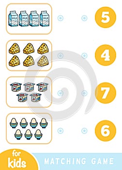 Matching education game. Count how many items and choose the correct number. A set of food