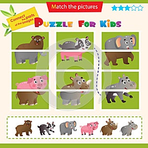Matching game for children. Puzzle for kids. Match the right parts of the images. Animals. Bear, badger, elephant, pig, rhinoceros