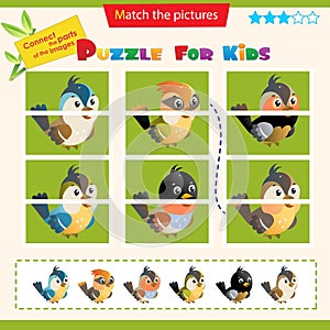 Matching game for children. Puzzle for kids. Match the right parts of the images. Bird. Sparrow, titmouse, chickadee, thrush,