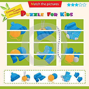 Matching game for children. Puzzle for kids. Match the right parts of the images. Handcraft. Skeins or balls of yarn with knitting