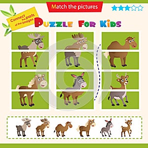 Matching game for children. Puzzle for kids. Match the right parts of the images. Set of animals. Elk, reindeer, camel, horse,