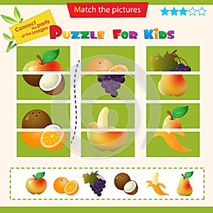 Matching game for children. Puzzle for kids. Match the right parts of the images. Set of fruits. Apple, pear, banana, grape,