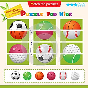 Matching game for children. Puzzle for kids. Match the right parts of the images. Set of sports balls. Football, basketball,