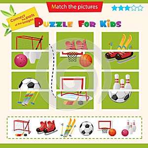 Matching game for children. Puzzle for kids. Match the right parts of the images. Set of sports equipment.  Soccer, football,