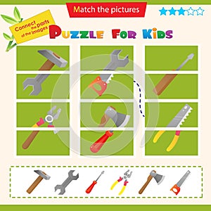 Matching game for children. Puzzle for kids. Match the right parts of the images. Set of tools. Axe, saw, key, screwdriver, pliers