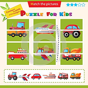 Matching game for children. Puzzle for kids. Match the right parts of the images. Transport. Fire truck, cement truck, tractor,