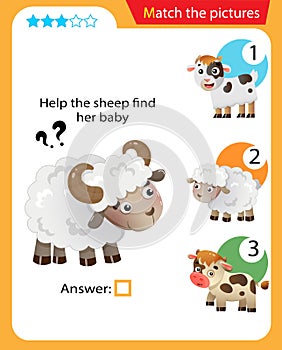 Matching game, education game for children. Puzzle for kids. Match the right object. Help the sheep find its cub