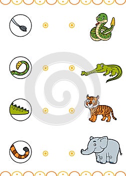 Matching game, education game for children. Find the right parts, set of cartoon animals