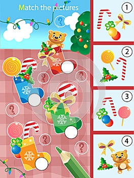 Matching game, education game for children. Puzzle for kids. Match by elements. Christmas Socks or Christmas boots with gifts,