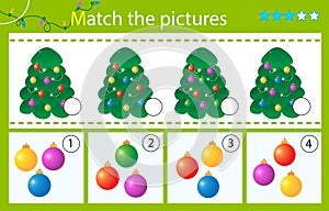 Matching game, education game for children. Puzzle for kids. Match by elements. Christmas trees with balloons and garlands. New