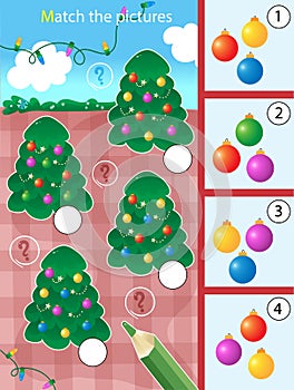 Matching game, education game for children. Puzzle for kids. Match by elements. Christmas trees with balloons and garlands. New