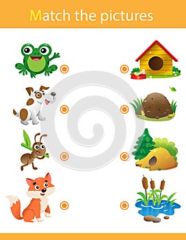 Matching game, education game for children. Puzzle for kids. Match the right object. Cartoon animals with their homes. Frog, dog,