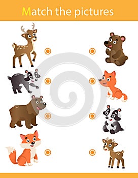 Matching game, education game for children. Puzzle for kids. Match the right object. Cartoon animals with their young. Deer,