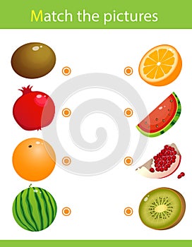 Matching game, education game for children. Puzzle for kids. Match the right object. Fruits, berries and their halves or slices.