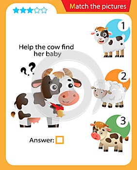 Matching game, education game for children. Puzzle for kids. Match the right object. Help the cow find her cub
