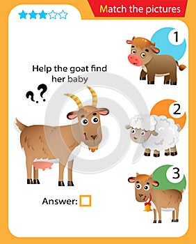 Matching game, education game for children. Puzzle for kids. Match the right object. Help the goat find its cub