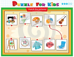 Matching game, education game for children. Puzzle for kids. Match the right object. Hobbies, creativity and leisure