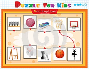 Matching game, education game for children. Puzzle for kids. Match the right object. Hobbies, creativity and leisure