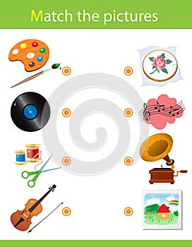 Matching game, education game for children. Puzzle for kids. Match the right object. Hobbies, creativity and leisure