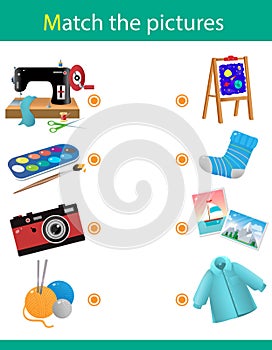Matching game, education game for children. Puzzle for kids. Match the right object. Hobbies, creativity and leisure