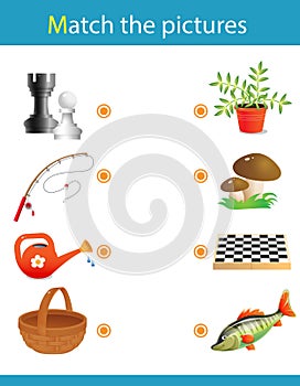 Matching game, education game for children. Puzzle for kids. Match the right object. Hobbies, creativity and leisure