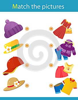 Matching game, education game for children. Puzzle for kids. Match the right object. Make a kit. Clothing and headdresses