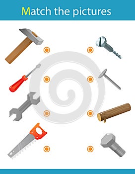 Matching game, education game for children. Puzzle for kids. Match the right object. Set of tools. Hammer, saw,  wrench,