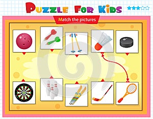 Matching game, education game for children. Puzzle for kids. Match the right object. Sports