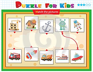 Matching game, education game for children. Puzzle for kids. Match the right object. Transport