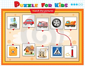 Matching game, education game for children. Puzzle for kids. Match the right object. Transport