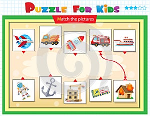 Matching game, education game for children. Puzzle for kids. Match the right object. Transport. Fire truck, cement truck, car,