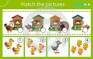 Matching game, education game for children. Puzzle for kids. Which house are the nestlings from? Eggs and chicks. Worksheet for