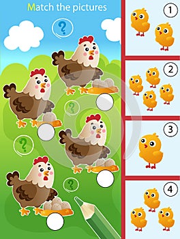 Matching game, education game for children. Puzzle for kids. Whose chickens? Hens, eggs and chicks. Worksheet for preschoolers