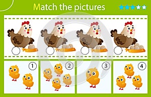 Matching game, education game for children. Puzzle for kids. Whose chickens? Hens, eggs and chicks. Worksheet for preschoolers