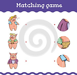 Matching game Education games with three little pigs. Preschool or kindergarten worksheet. Vector illustration