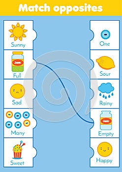 Matching game. Educational children activity. match opposites. Activity for pre scholl years kids and toddlers