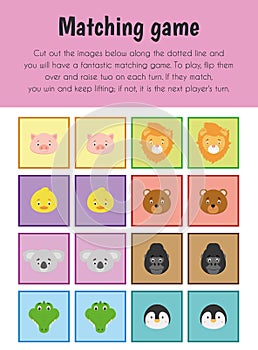 Matching game Educational Sheet. Primary module for Memory. 5-6 years old