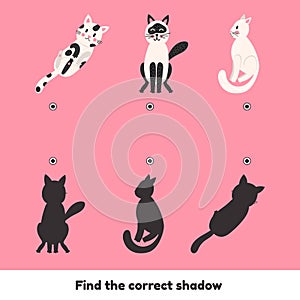 Matching game for kids preschool and kindergarten age. Find the correct shadow. Cute cats.