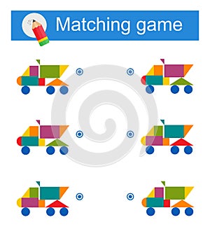 Matching game for kids. Task for the development of attention and logic. Vector illustration of cartoon dump truck