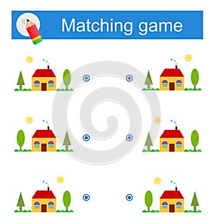 Matching game for kids. Task for the development of attention and logic. Vector illustration of cartoon houses